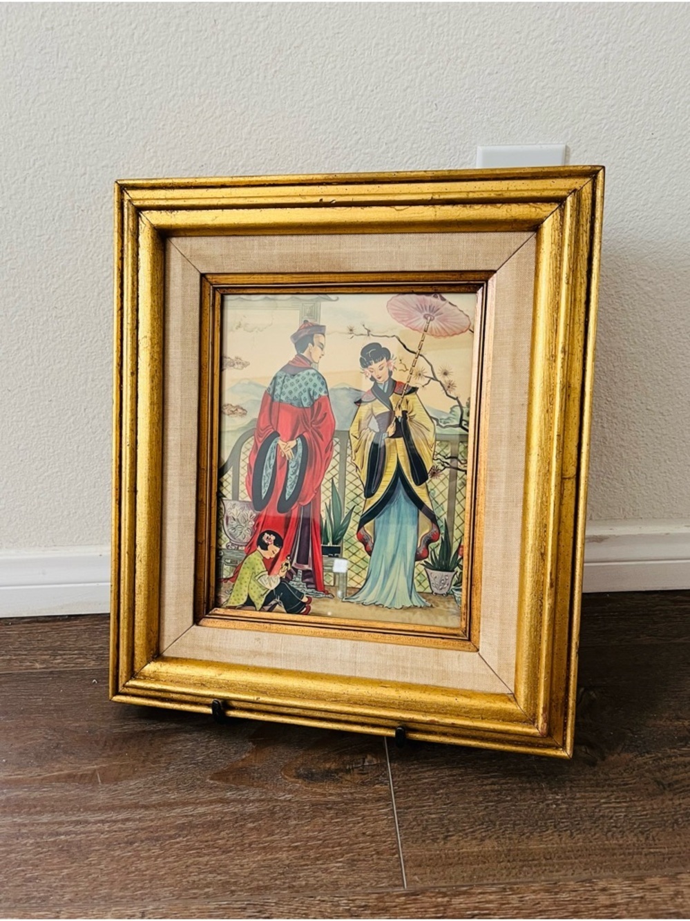 Vintage framed Japanese print in gold color frame 14/16 inches